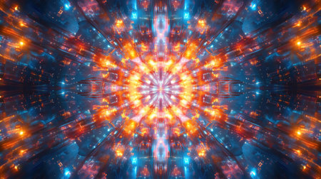 This stunning abstract kaleidoscope pattern features vibrant lights and colorful designs, creating a mesmerizing visual experience that evokes energy and creativity.の素材