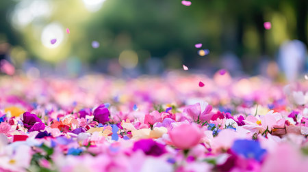 A stunning scene of colorful flower petals scattered on the ground, capturing the essence of a vibrant natural setting. Perfect for spring themes.の素材