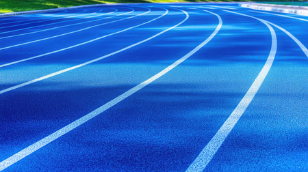 Close-up view of a bright blue track surface showcasing curved lines and shadows. Ideal for themes of athleticism, fitness, and outdoor sports activities.の素材