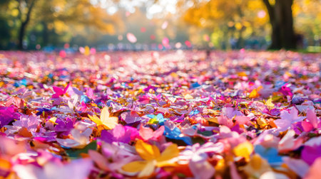 A picturesque scene of vibrant autumn leaves scattered on the ground, showcasing a stunning array of colors under soft sunlight, creating a peaceful outdoor atmosphere.の素材