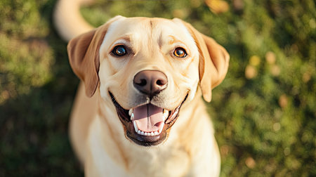 A cheerful Labrador Retriever showcases a joyful expression while enjoying a sunny day outdoors, capturing the essence of happiness and companionship in nature.の素材