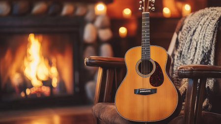 An acoustic guitar rests beside a glowing fireplace, creating a warm and inviting atmosphere perfect for music and relaxation. Ideal for cozy home settings.の素材