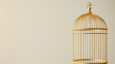 A stunning golden birdcage stands gracefully against a minimal background, evoking notions of elegance and style. Ideal for decorative purposes and artistic expressions.の素材