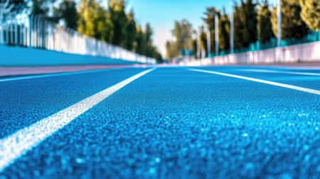 Vibrant blue athletic track captured from a low angle, lined by greenery, creating an inviting atmosphere for runners and athletes under clear skies.の素材