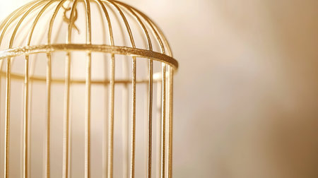 A beautifully crafted gold bird cage set against a soft-focused backdrop. This image evokes feelings of elegance and serenity, perfect for various design themes.の素材