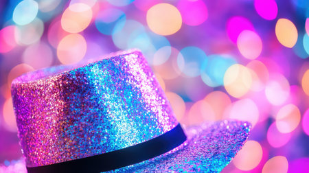 A close-up of a shiny glitter hat set against a vivid bokeh backdrop, perfect for celebrating events and parties. The colorful lights enhance the festive mood.の素材