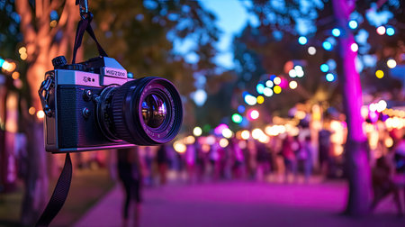 A vintage camera hangs in focus, capturing the vibrant atmosphere of an outdoor festival adorned with colorful lights, evoking nostalgia and creativity.の素材
