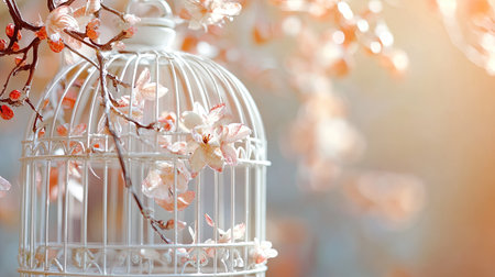 A stunning birdcage elegantly adorned with delicate cherry blossom flowers, creating a serene atmosphere filled with warmth and soft sunlight, perfect for spring-themed decor.の素材