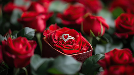 A stunning heart-shaped ring sits atop a bed of beautiful red roses in a luxurious velvet box, creating a perfect romantic gift for engagements or special occasions.の素材