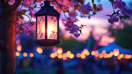 A beautiful lantern casts a warm light among blooming flowers at dusk, creating a serene atmosphere with colorful bokeh lights in the background.の素材
