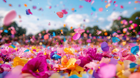 Colorful flower petals cascade gently in the air against a bright backdrop, creating a lively and joyful atmosphere, perfect for celebrations and seasonal events.の素材