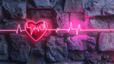 A vibrant neon heart design with an accompanying heartbeat line glowing against an old stone wall, symbolizing love, health, and vitality with a modern artistic touch.の素材