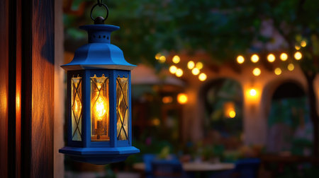 A beautifully illuminated lantern hangs in a serene outdoor garden, casting a warm glow. The enchanting atmosphere is perfect for relaxation and evening gatherings.の素材