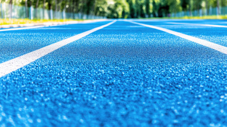 A close-up view of a vibrant blue running track emphasizing the texture and white lane markings. Ideal for athletic-themed projects focusing on sport and fitness.の素材