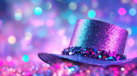 A stunning glittering hat rests on a sparkling background, exuding vibrant colors and festive charm, perfect for capturing the essence of celebration and joy.の素材