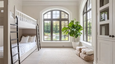 A beautifully designed modern bedroom featuring a stylish bunk bed and large windows that invite natural light and greenery into the space. Perfect for family living.の素材