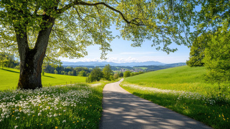 A picturesque pathway meanders through a vibrant meadow, framed by lush greenery and a stunning mountain backdrop under a blue sky. Perfect for nature lovers.の素材