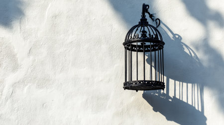 This elegant vintage birdcage hangs against a textured wall, casting beautiful shadows that enhance its intricate design and evoke a sense of tranquility.の素材