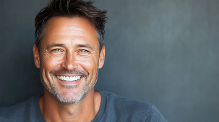 A cheerful man smiling confidently against a dark background. This image conveys warmth and positivity, ideal for lifestyle and wellness contexts.の素材