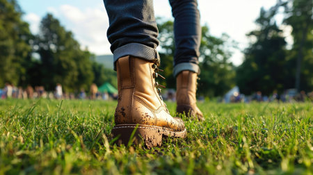 A person walks on a grassy field, showcasing brown boots with mud. The sunlight creates a vibrant outdoor atmosphere, perfect for adventures and leisure activities.の素材