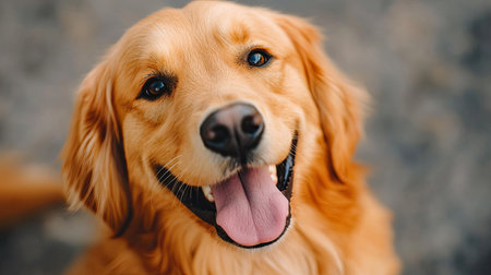 A joyful golden retriever with a bright smile and expressive eyes captures the warmth and companionship of pets in a sunny, outdoor setting.の素材