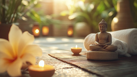 A serene Buddha statue sits gracefully among soft towels, flickering candles, and lush greenery, creating a tranquil atmosphere ideal for relaxation and meditation.の素材