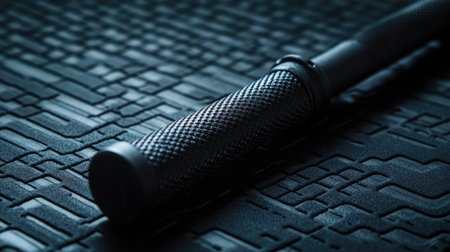 A close-up view of a black metal handle resting on a textured background, showcasing intricate patterns and a sleek design that highlights craftsmanship and modern aesthetics.の素材