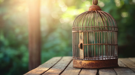 A vintage birdcage with a rusty finish sits atop a wooden table, illuminated by soft sunlight. The scene evokes feelings of nostalgia and tranquility, surrounded by nature.の素材