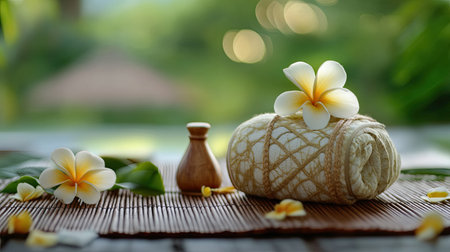 Experience the essence of serenity with this spa treatment image, featuring floral accents and a relaxing outdoor environment. Perfect for wellness themes.の素材
