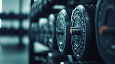 This image showcases a close-up view of dumbbells stacked in a gym, highlighting the focus on fitness, strength training, and athletic performance. Perfect for health-related content.の素材