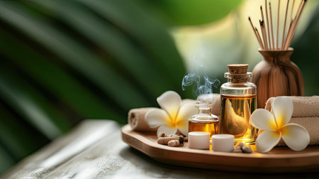 A serene spa setup featuring essential oils, candles, and flowers on a wooden tray. Ideal for illustrating relaxation, wellness, and tranquility in a natural setting.の素材