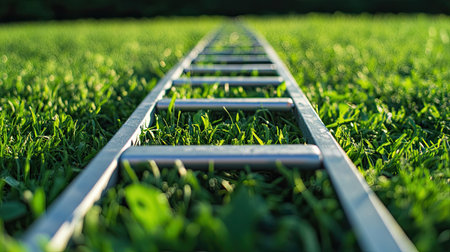 A close-up view of a silver ladder placed on fresh green grass, showcasing a unique perspective. This image captures the beauty of nature and outdoor exploration.の素材