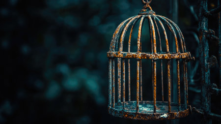 A beautifully aged and rusty bird cage hangs in a dark garden. This captivating image evokes feelings of isolation and mystery, perfect for artistic projects.の素材
