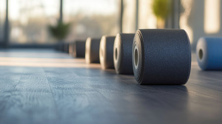 A tranquil exercise studio featuring neatly arranged yoga mats on a wooden floor, illuminated by warm sunlight, perfect for fitness routines and relaxation.の素材