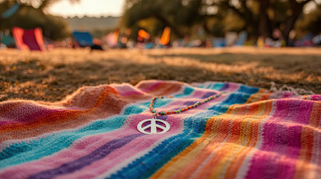 A vibrant blanket adorned with a peace symbol necklace rests on grass, capturing a serene outdoor atmosphere. Ideal for conveying tranquility and relaxation.の素材