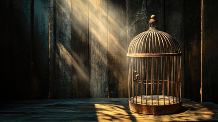 A rustic vintage birdcage is illuminated by beams of light in an old wooden environment, creating an elegant and tranquil ambiance, perfect for artistic projects.の素材