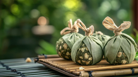 Beautiful handmade fabric balls accentuated with natural elements, arranged elegantly on a bamboo mat, perfect for home decor or creative gifts.の素材