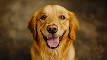A cheerful golden retriever with a friendly smile showcases its joyful spirit. This close-up portrait captures the essence of a beloved pet, radiating warmth and happiness.の素材