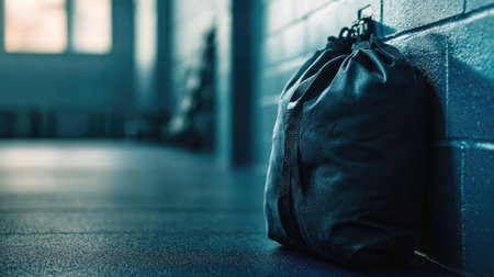 A solitary gym bag leans against a blue wall, capturing a moment of calm in a fitness environment, emphasizing minimalism and solitude in workout spaces.の素材