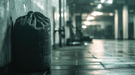 A heavy canvas bag rests against a weathered concrete wall in a dimly lit fitness space. The slick floor reflects the soft light, enhancing the training atmosphere.の素材