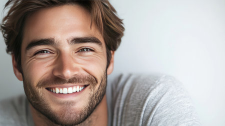 A portrait of a smiling young man with short hair and a beard, radiating joy and confidence. The light background enhances his cheerful expression.の素材
