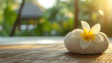 A soothing view of a white plumeria flower resting on soft cotton yarn, bathed in warm sunlight, creating a peaceful and tranquil atmosphere ideal for relaxation.の素材