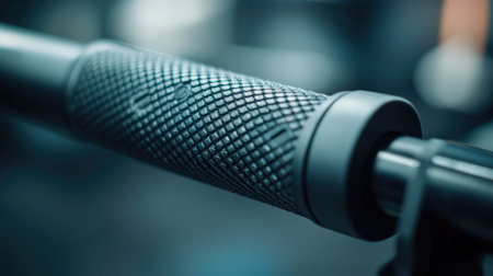 A detailed close-up of a textured grip on workout equipment, highlighting the design and ergonomics essential for fitness enthusiasts in a modern gym setting.の素材