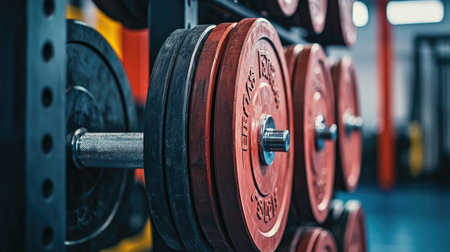 A detailed view of heavy weight plates stored on a rack in a modern gym. Perfect for illustrating strength training and fitness themes in exercises and workouts.の素材