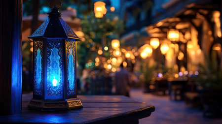 A beautifully illuminated lantern casts a warm glow in a cozy outdoor setting, creating a magical ambiance perfect for gatherings during the twilight hour.の素材