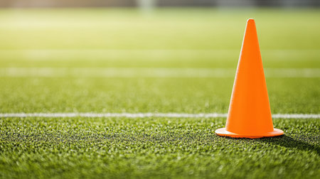 A bright orange cone stands prominently on lush green turf, symbolizing sports activities. Ideal for training, coaching, and athletic competition scenes.の素材