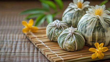 This captivating scene features delicate rice dumplings styled with beautiful flowers on a bamboo mat. Perfect for showcasing culinary traditions and aesthetics.の素材