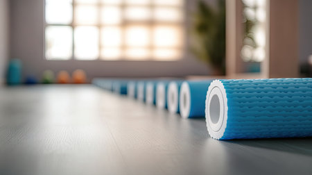A series of blue foam rollers aligned on a smooth studio floor, ideal for fitness and recovery routines. This modern setup promotes wellness and mobility.の素材