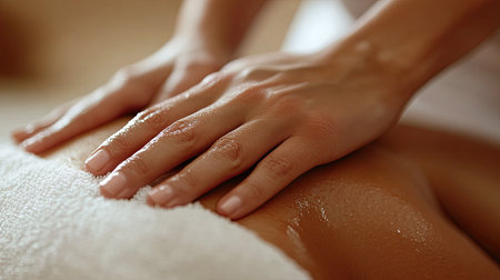 Soothing hand massage focusing on relaxation, featuring gentle touch with oil. Ideal for spa ambiance and wellness imagery, promoting stress relief.の素材