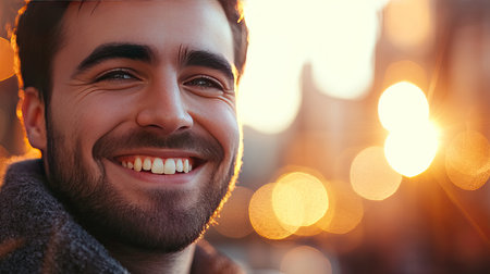 A joyful young man smiles brightly in the warm glow of sunset. The soft bokeh background adds a serene touch, creating a captivating portrait of happiness.の素材